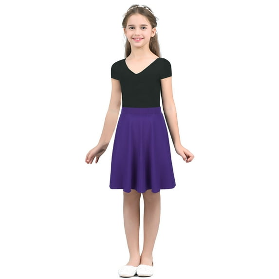 DPOIS Girls Knee Length High Waist A-Line Pleated Skater Skirt Purple 10