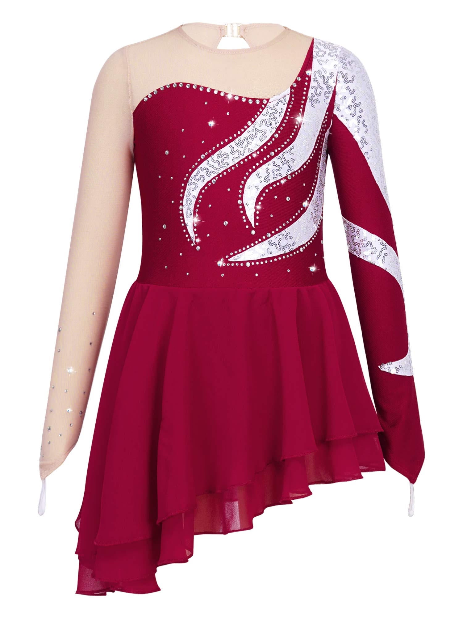 Figure Skating Dress Women's Girls'  Dancewear Back Asymmetric Hem Long Sleeve Skating Dress