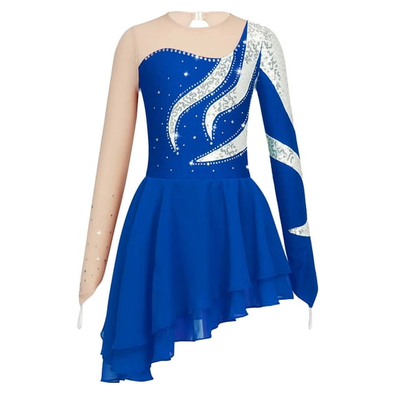 DPOIS Girls Long Sleeve Asymmetrical Lyrical Dance Costume Figure Ice Skating Dress Dark Blue 10