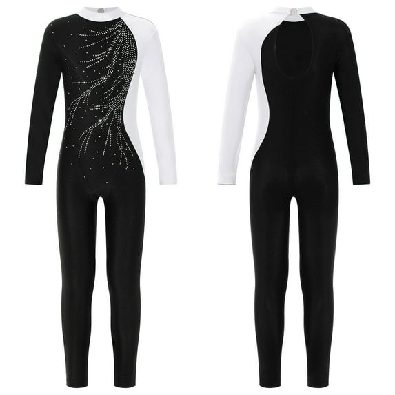 DPOIS Girls Long Sleeve Full Body Unitard Gymnastics Leotard Rhinestone Ballet Dance Jumpsuit