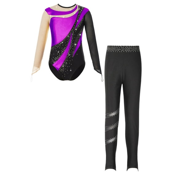 DPOIS Girls Long Sleeve Shiny Metallic Gymnastics Leotards Bodysuit with Tights Purple 8