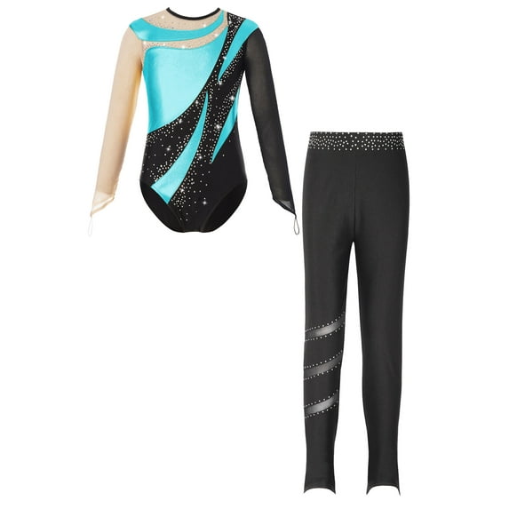 DPOIS Girls Long Sleeve Shiny Metallic Gymnastics Leotards Bodysuit with Tights Turquoise 14