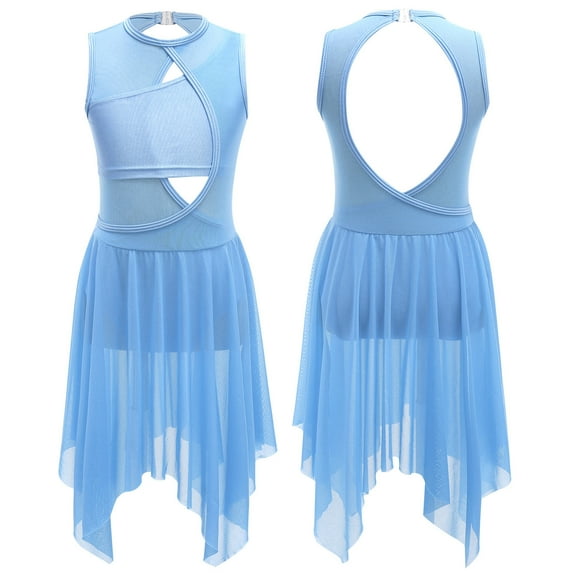 DPOIS Girls Lyrical Contemporary Dance Costume Ballet Leotard Dress Mesh Tulle Skirt Light Blue 12