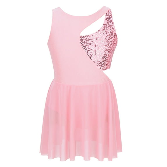 DPOIS Girls Lyrical Dance Dress Shiny Sequins Leotard Dress Dancewear Pink 12