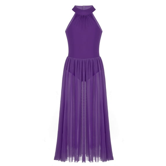 DPOIS Girls Lyrical Dance Mock Dress Cutout Back Mesh Maxi Skirt Purple 8