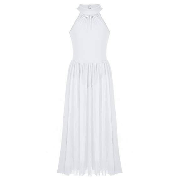 DPOIS Girls Lyrical Dance Mock Dress Cutout Back Mesh Maxi Skirt White 16