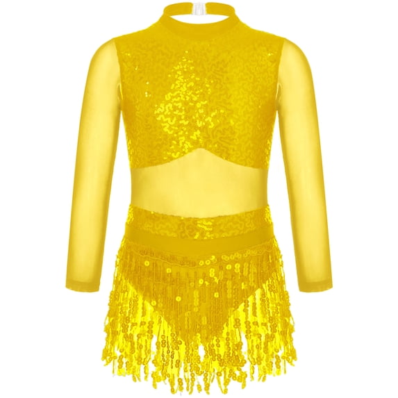 DPOIS Girls Mesh Splice Shiny Sequins Long Sleeve Tassel Dress Jazz Costume Gold 16