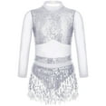 thumbnail image 1 of DPOIS Girls Mesh Splice Shiny Sequins Long Sleeve Tassel Dress Jazz Costume Silver 12, 1 of 3