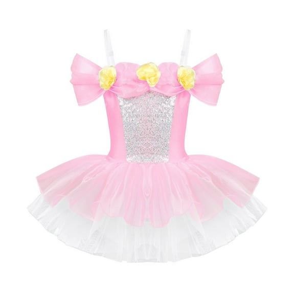 DPOIS Girls Princess Off Shoulder 3D Flowers Leotard Ballet Tutu Dress