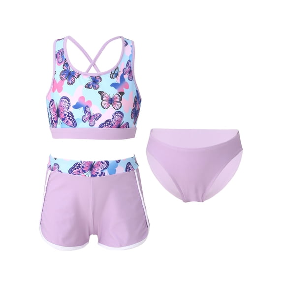 DPOIS Girls Print 3 Piece Swimsuits Bikini Sets with Boyshorts Tankini Bathing Suit Purple 4