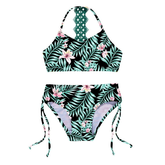 DPOIS Girls' Printed V-Neck Bikini Swimsuit Halter Tops with Bottoms 2 Piece Bathing Suit