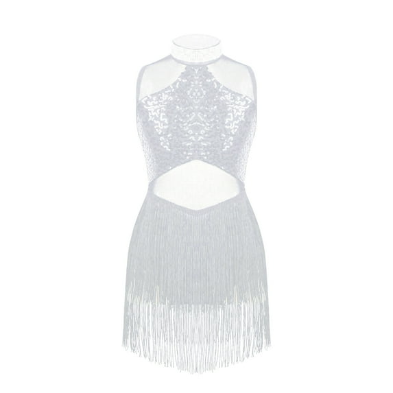 DPOIS Girls Sequin Rhinestone Mesh Splice Tassel Lyrical Dress Dancewear