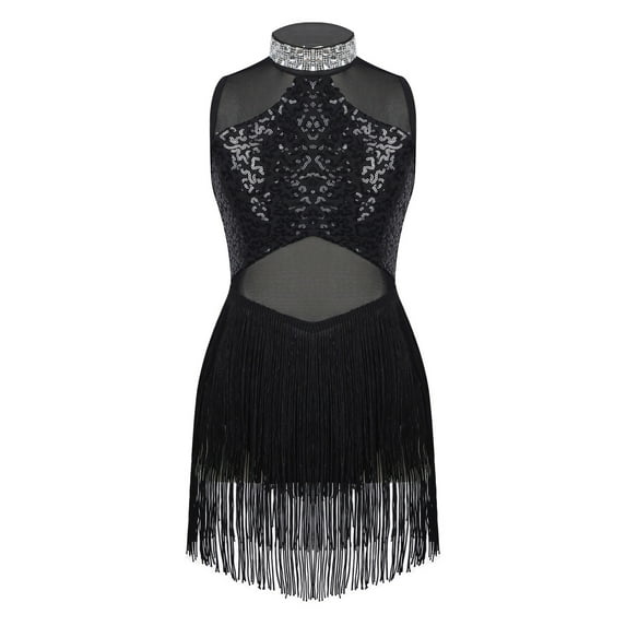 DPOIS Girls Sequin Rhinestone Mesh Splice Tassel Lyrical Dress Dancewear