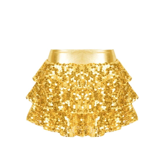 DPOIS Girls Sequined 3-Layers Ruffle Tiered Mini Skirt for Dance Gold 6