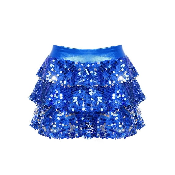 DPOIS Girls Sequined 3-Layers Ruffle Tiered Mini Skirt for Dance Royal Blue 14