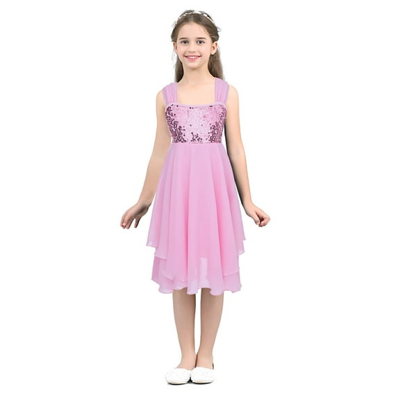 DPOIS Girls Sequined Ballet Dance Gymnastic Leotard Dress Lyrical Dance Costumes Pink 6