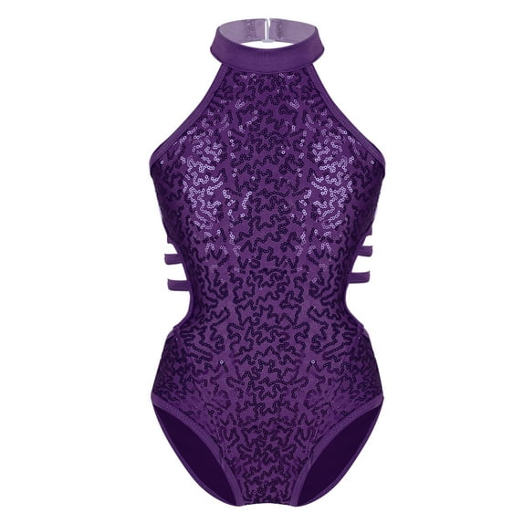 DPOIS Girls Sequined Turtle Mock Neck Leotard for Gymnastics Ballet Dance Costumes Purple 12