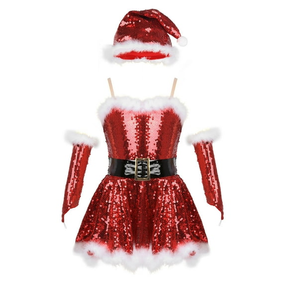 DPOIS Girls' Sequins Ballet Dance Figure Ice Skating Leotard Dress Santa Claus Costume A Red 14