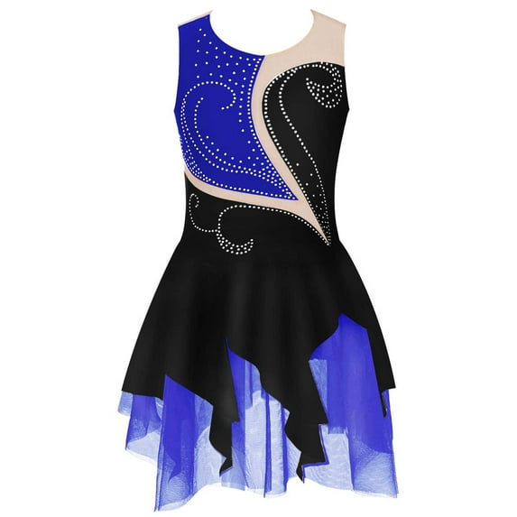 DPOIS Girls Sequins Mesh Splice Figure Ice Skating Dress Black&Blue 12