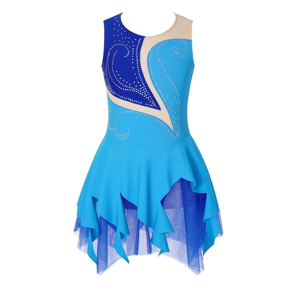 DPOIS Girls Sequins Mesh Splice Figure Ice Skating Dress Blue 12