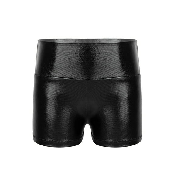 DPOIS Girls Shiny Metallic Booty Shorts Dance Sports Slim Hot Pants Activewear Black 16