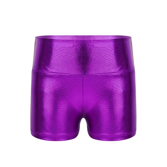 DPOIS Girls Shiny Metallic Booty Shorts Dance Sports Slim Hot Pants Activewear Purple 10