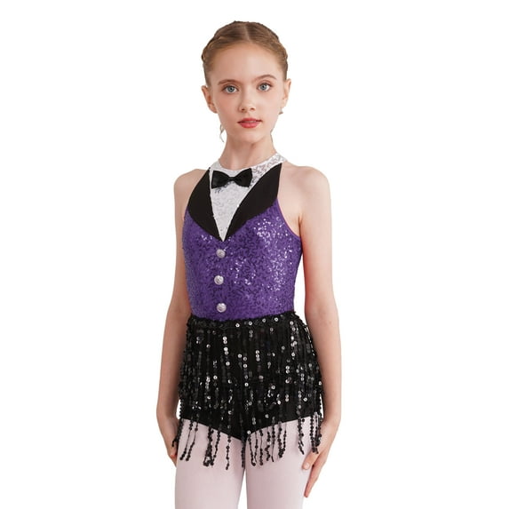 DPOIS Girls Shiny Sequin Tassel Latin Dance Leotard Dress Sleeveless Jazz Costume Purple 14