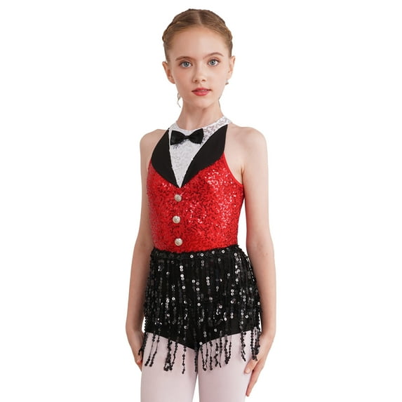 DPOIS Girls Shiny Sequin Tassel Latin Dance Leotard Dress Sleeveless Jazz Costume Red 8