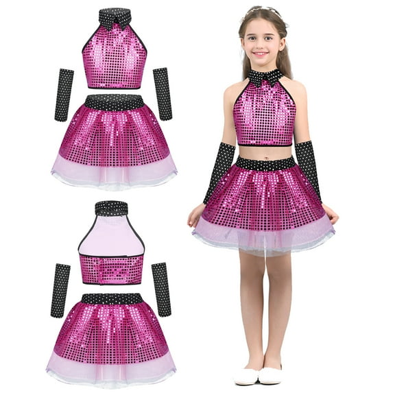 DPOIS Girls Shiny Sequins Modern Jazz Dance Outfit Halter Neck Crop Top with Tutu Skirt Arm Sleeves Set