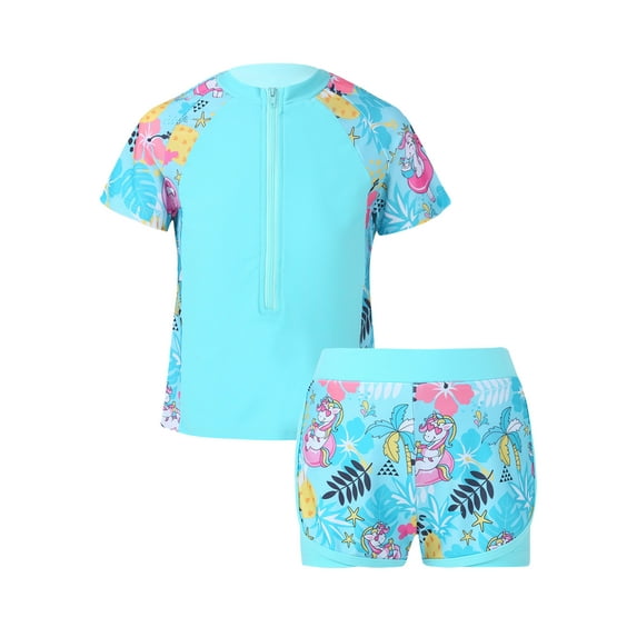 DPOIS Girls Short Sleeve Swimsuits Rashguard Sets Bathing Suits Blue Cartoon Horse 6