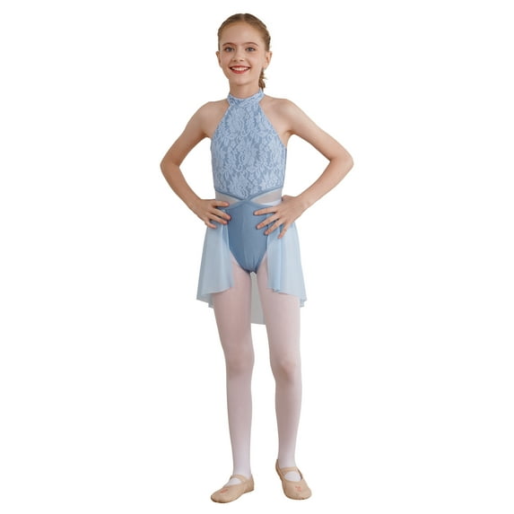 DPOIS Girls Sleeveless Cutout Back Ballet Leotard Lyrical Dance Dress Light Blue 14