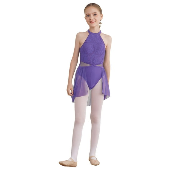 DPOIS Girls Sleeveless Cutout Back Ballet Leotard Lyrical Dance Dress Purple 14