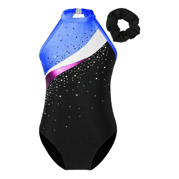 DPOIS Girls Sleeveless Halter Neck Gymnastic Ballet Dance Leotard with Hair Band Royal Blue 14