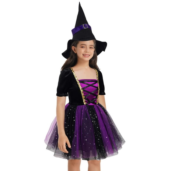 DPOIS Girls Witch Halloween Costume Kids Wizard Cosplay Fancy Dress Up Purple 8