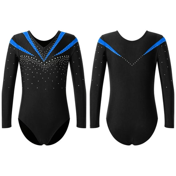 DPOIS Gymnastics Leotards for Girls One Piece Shiny Long Sleeve Ballet Bodysuit Blue 14