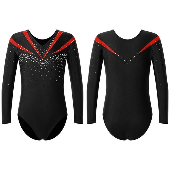 DPOIS Gymnastics Leotards for Girls One Piece Shiny Long Sleeve Ballet Bodysuit Red 8