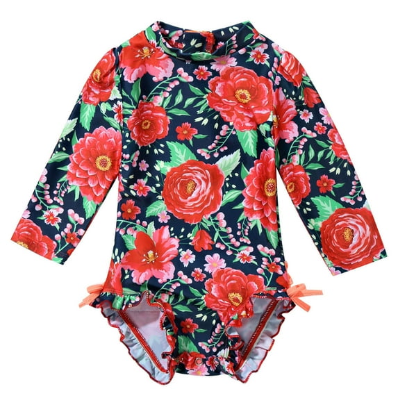 DPOIS Infant Baby Girls Rash Guard Long Sleeves Floral Printed Swimsuit Bathing Suit Red 18-24 Months