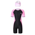 thumbnail image 1 of DPOIS Junior Girls 2pcs Swimming Suit Short Sleeves Front Zipper Jumpsuit with Cap Set, 1 of 5