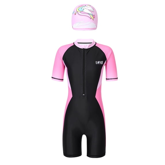 DPOIS Junior Girls 2pcs Swimming Suit Short Sleeves Front Zipper Jumpsuit with Cap Set