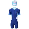 thumbnail image 1 of DPOIS Junior Girls 2pcs Swimming Suit Short Sleeves Front Zipper Jumpsuit with Cap Set, 1 of 5