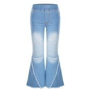 DPOIS Kid Girls Denim Jeans Bell Bottom Flare Pants High Waist Wide Leg Ruffled Trousers Light Blue 12