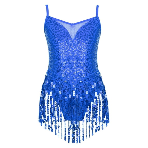 DPOIS Kid Girls Shiny Sequin Latin Jazz Leotard Rumba Tassel Dance Dress Royal Blue 6
