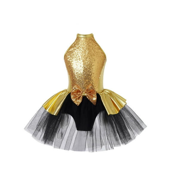 DPOIS Kid Girls Sleeveless Ballet Dance Tutu Dress Sequined Ballet Leotards Gold 12
