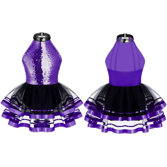 DPOIS Kid Girls Sparkling Sequins Lyrical Ballet Dance Leotard Tutu Dress Purple-C 8