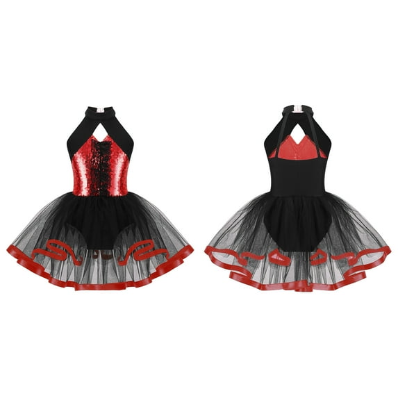 DPOIS Kid Girls Sparkling Sequins Lyrical Ballet Dance Leotard Tutu Dress Red-B 8
