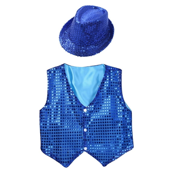 DPOIS Kids Boys Girls Sequins Hip-Hop Jazz Dance Shirt Vest Waistcoat Jacket with Hat Blue 13-14