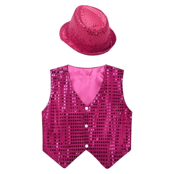 DPOIS Kids Boys Girls Sequins Hip-Hop Jazz Dance Shirt Vest Waistcoat Jacket with Hat Rose 5-6