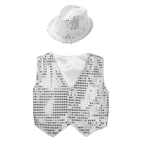 DPOIS Kids Boys Girls Sequins Hip-Hop Jazz Dance Shirt Vest Waistcoat Jacket with Hat White 3-4