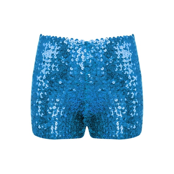 DPOIS Kids Boys Girls Sparkle Sequins Jazz Hip Hop Dance Shorts Lake Blue 12-16