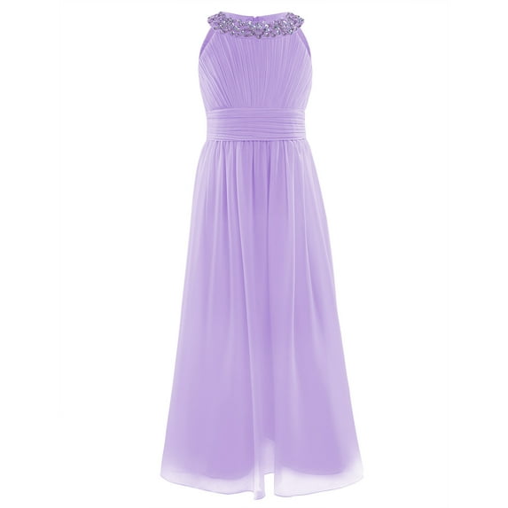 DPOIS Kids Flower Girl Dress Maxi Sleeveless Rhinestone Wedding Party Chiffon Ball Gown Lavender 12
